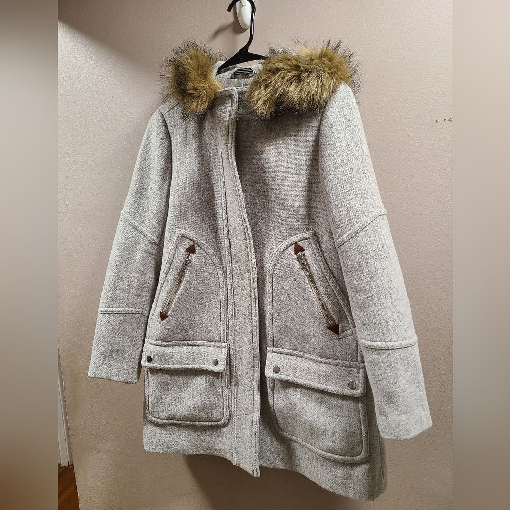 J. Crew Chateau Parka Gray Italian Wool Hooded Faux Fur Trim Coat Size 0